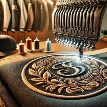 Stickerei Stickerei- Ein bild von einer Stickmaschine die Textilien bestickt